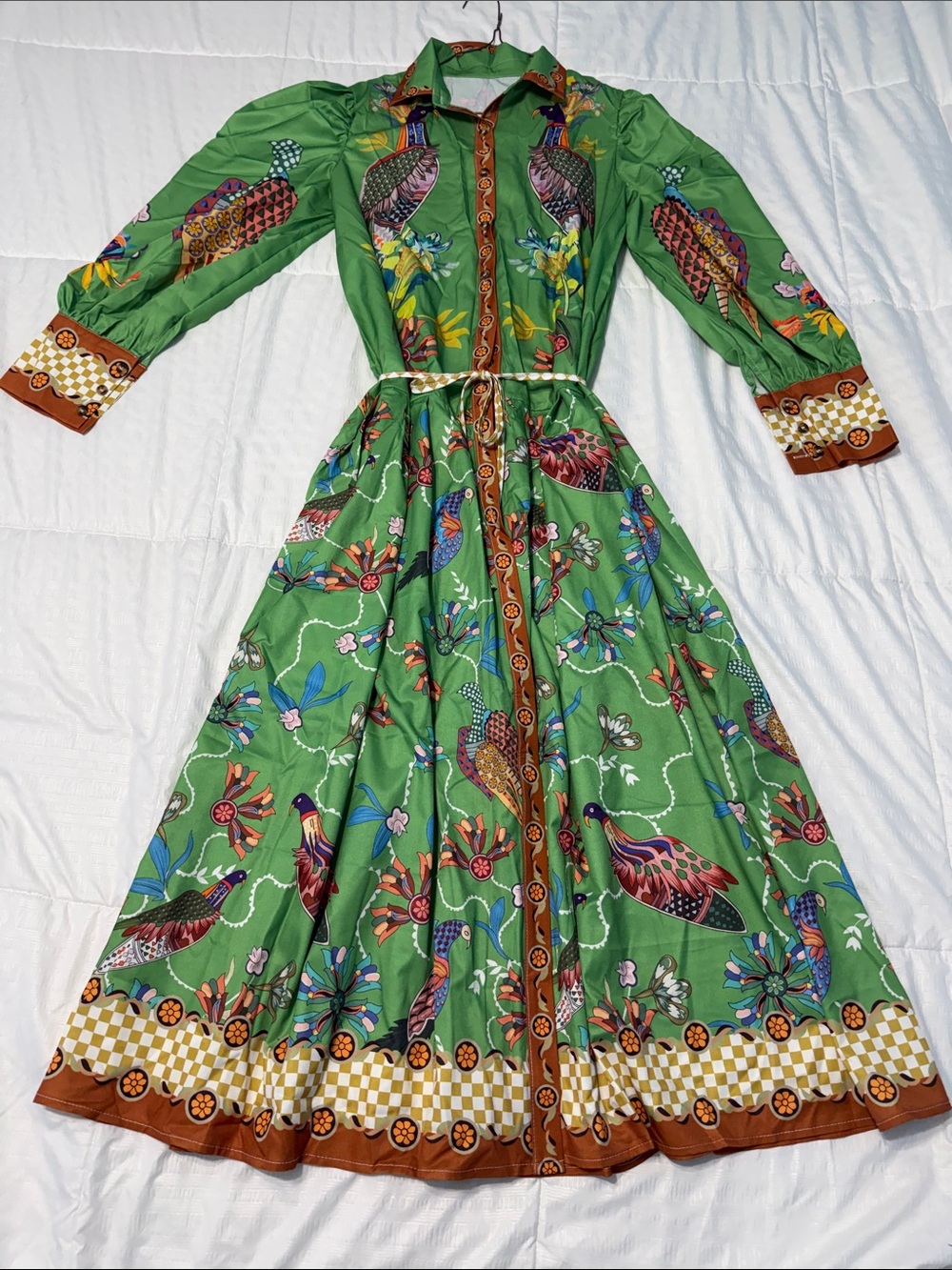 Boho Green Floral & Bird Print Maxi Shirt Dress Fall 2026 L - Picture 2 of 16